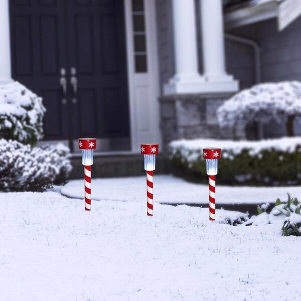 LED Cool White 14 In. Solar Powered Lighted Candy Cane Stake Pathway Decor